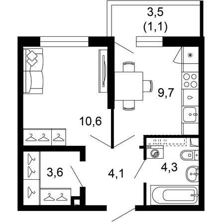 Планировка 1-комн 33,4 м²