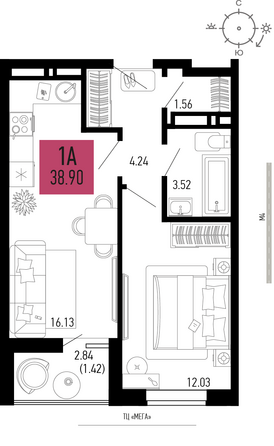 Планировка 1-комн 38,9 м²