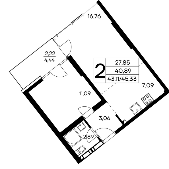 Планировка 2-комн 45,33 - 45,85 м²