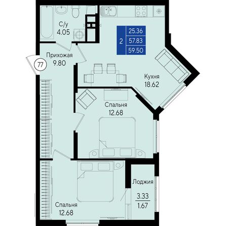 Планировка 2-комн 59,49 м²