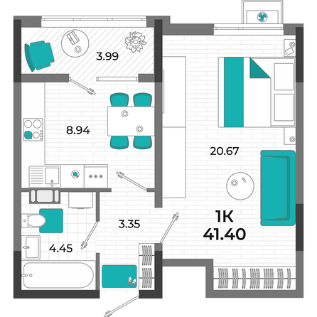 Планировка 1-комн 41,4 м²