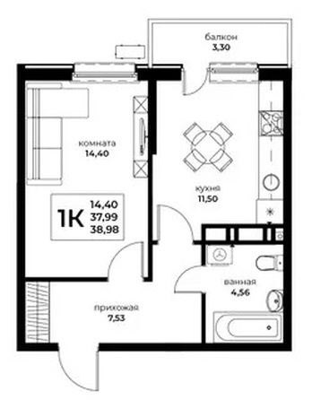 Планировка 1-комн 38,98 м²