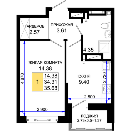 Планировка 1-комн 35,68 м²