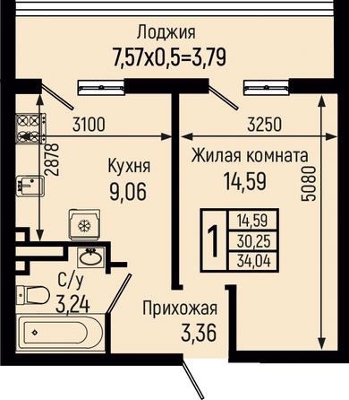 Планировка 1-комн 34,04 м²