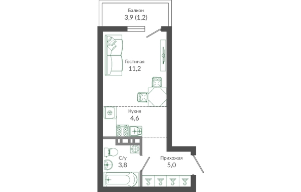 Планировка 1-комн 25,8 м²