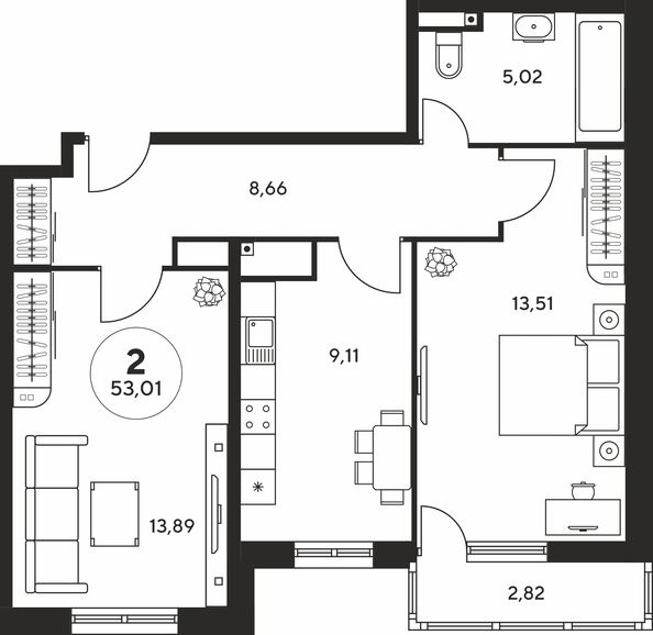 Планировка 2-комн 52,87 - 53,08 м²