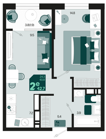 Планировка 2-комн 42,7 м²