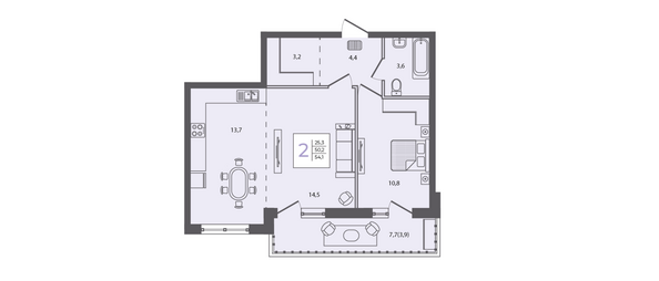 Планировка 2-комн 54,1 м²