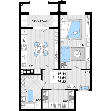 Планировка 1-комн 56,82 м²