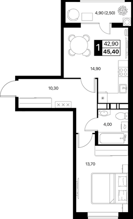 Планировка 1-комн 45,4, 45,8 м²