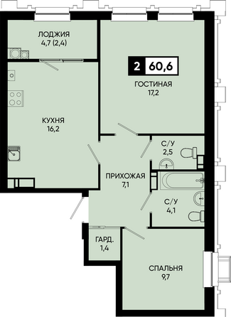 Планировка 2-комн 60,6, 60,8 м²
