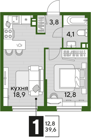 Планировка 1-комн 39,6 м²