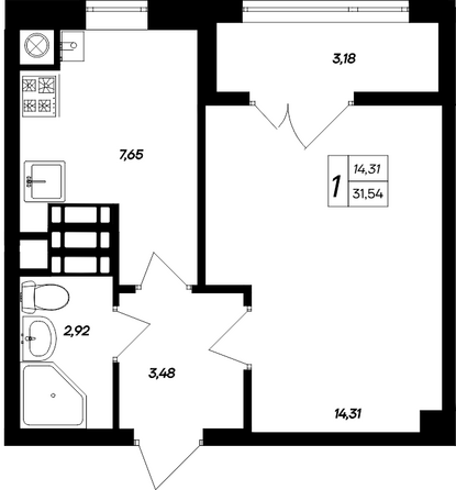 Планировка 1-комн 31,05 - 31,96 м²