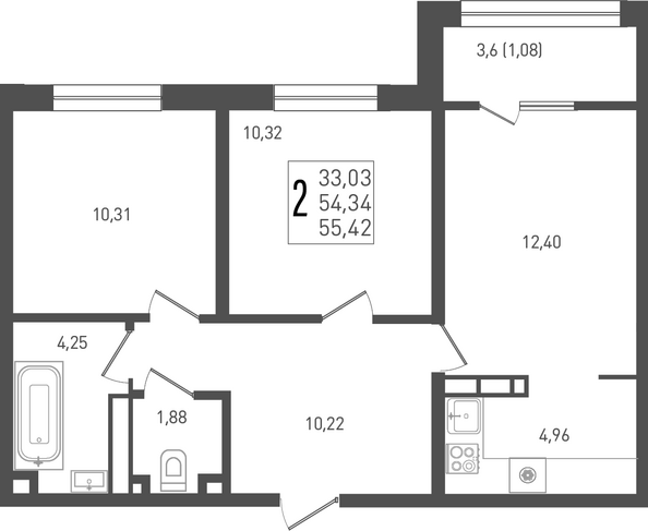 Планировка 2-комн 55,42 м²