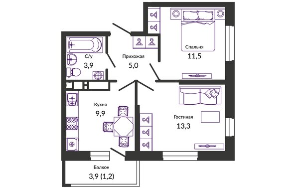 Планировка 2-комн 44,8 м²