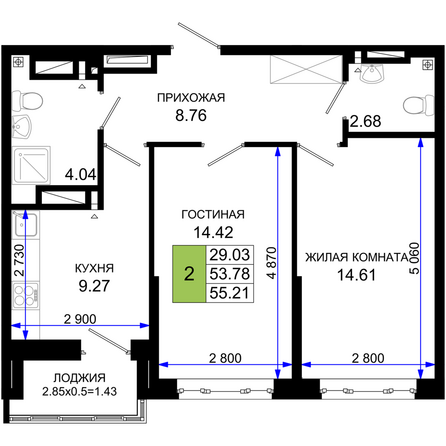 Планировка 2-комн 55,21 м²