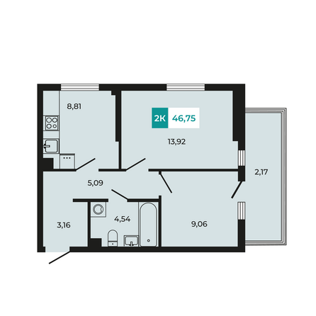 Планировка 2-комн 46,75 м²