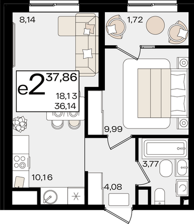 Планировка 2-комн 37,86 м²