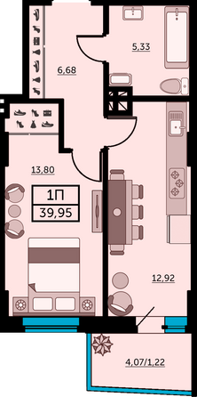 Планировка 1-комн 39,42 - 39,66 м²