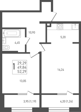 Планировка 1-комн 52,29 м²