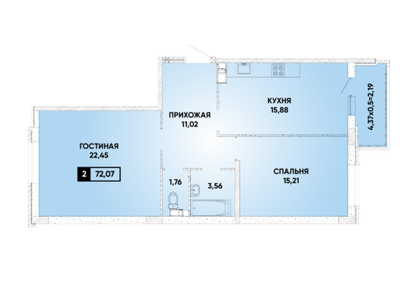 Планировка 2-комн 72,07 м²