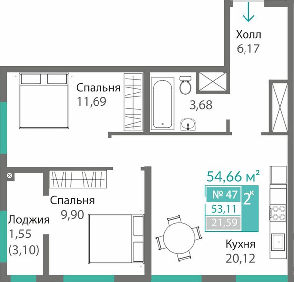 Планировка 2-комн 53,11 м²