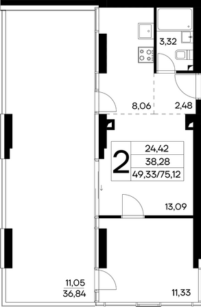 Планировка 2-комн 75,12 м²