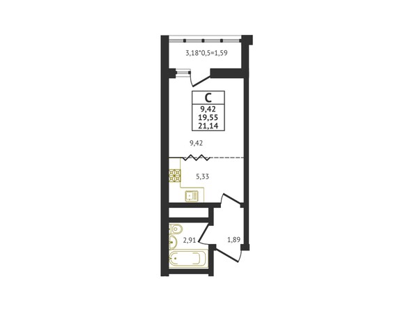 Планировка Студия 21,14 м²