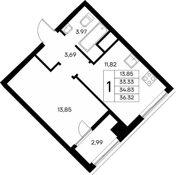 Планировка 1-комн 36,32 - 36,73 м²