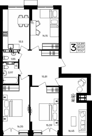 Планировка 3-комн 97,47 м²
