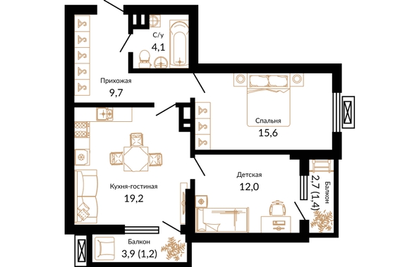 Планировка 2-комн 63,2 м²