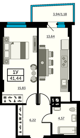 Планировка 1-комн 40,82 - 41,02 м²