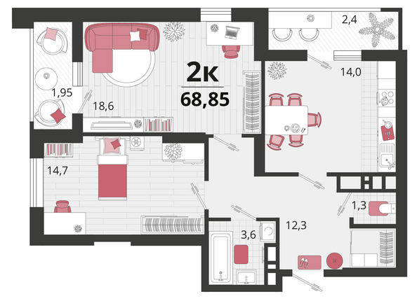 Планировка 2-комн 68,85 м²