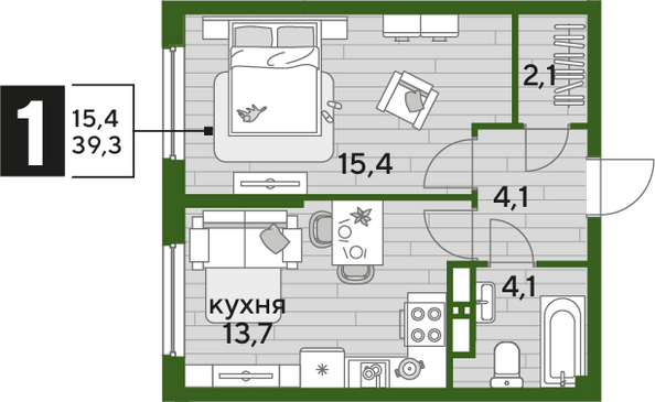 Планировка 1-комн 39,3 м²