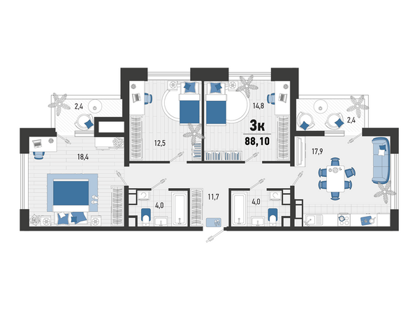 Планировка 3-комн 88,1 м²