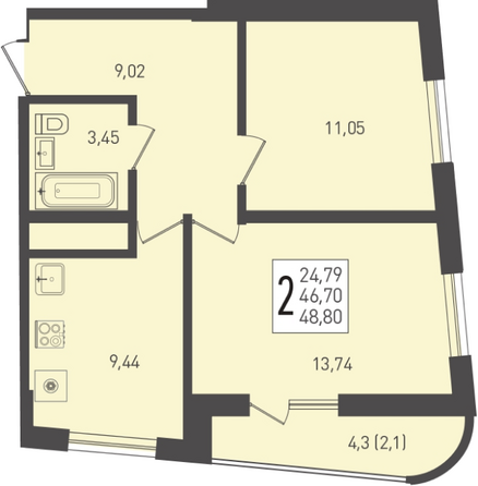 Планировка 2-комн 48,8 м²