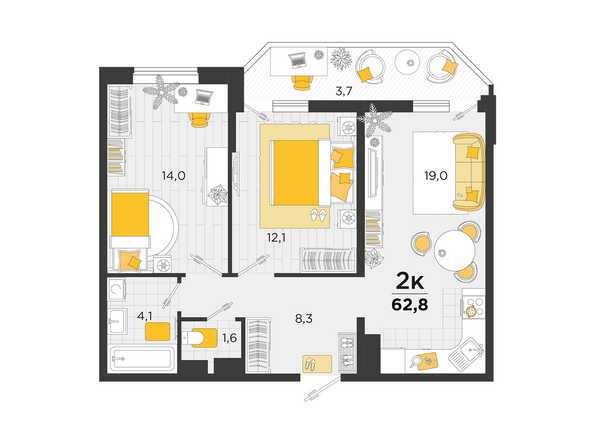 Планировка 2-комн 62,8 м²