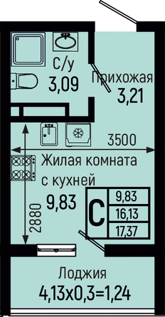 Планировка Студия 17,37 м²