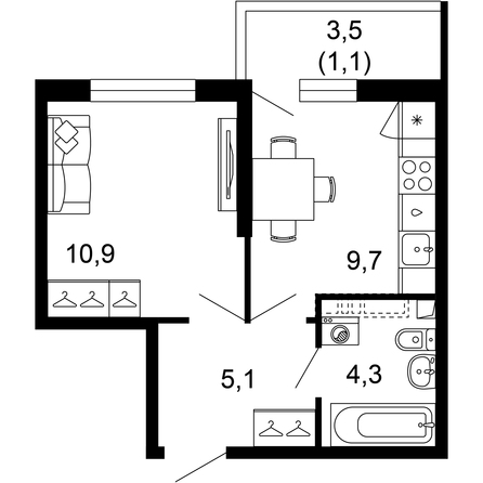 Планировка 1-комн 31,1 м²