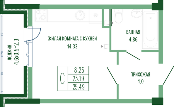 Планировка Студия 25,49 м²