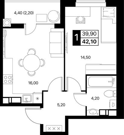Планировка 1-комн 42,1 м²