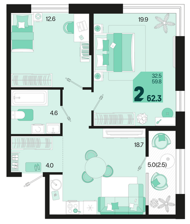 Планировка 2-комн 62,3 м²