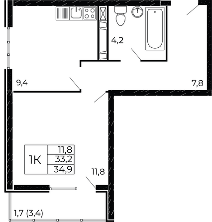 Планировка 1-комн 34,9 м²