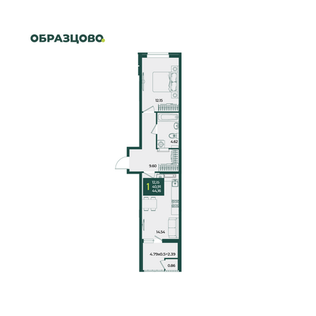Планировка 1-комн 44,16 м²