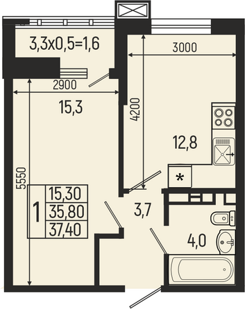 Планировка 1-комн 36,6 - 40,9 м²
