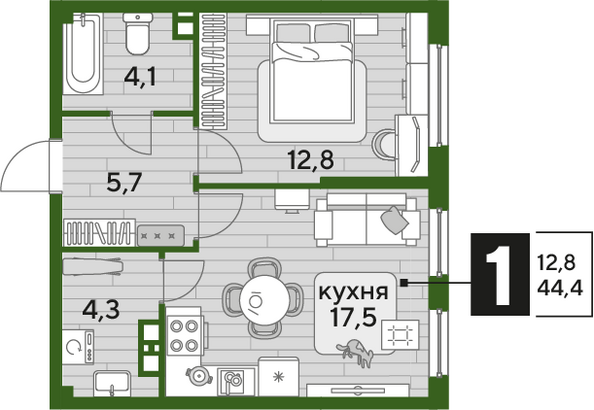 Планировка 1-комн 44,4 м²