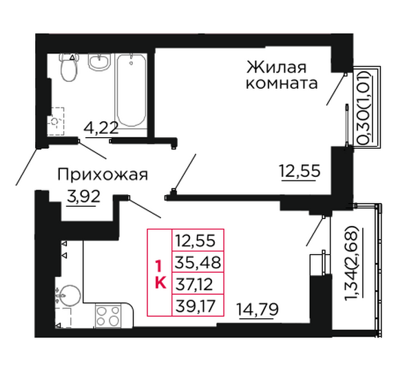 Планировка 1-комн 37,12 м²