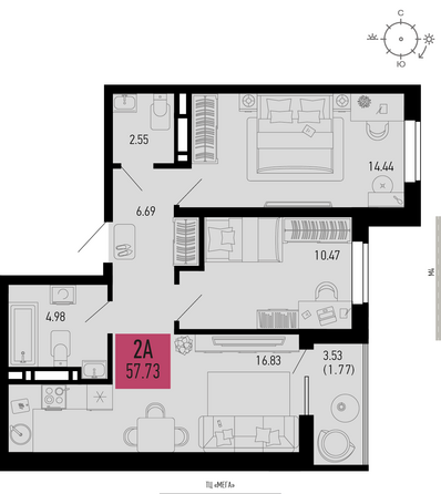 Планировка 2-комн 57,73 м²