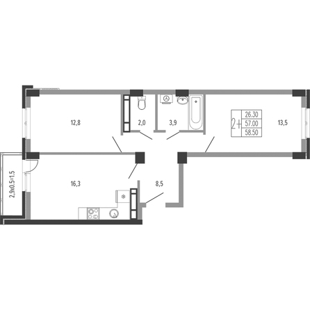 Планировка 2-комн 58,5 м²