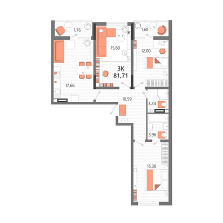 Планировка 3-комн 81,71 м²
